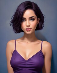 Fototapeta premium portrait of a brunette woman with short hair wearing a low cut purple top, fashion photography 