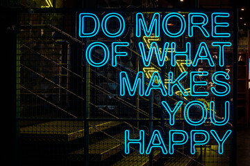 LED neon sign on a mesh grid with the quote “Do more of what makes you happy” — perfect for...