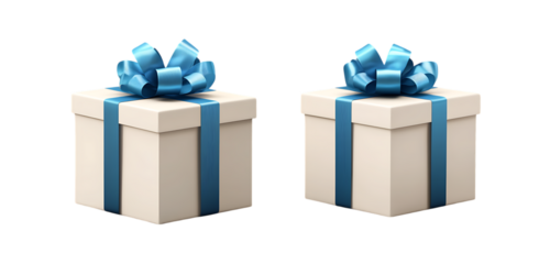 Two white gift boxes with blue ribbons isolated on trasparent background