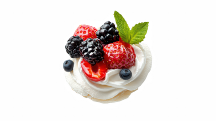 a cup cake with white whipped cream, raspberries, blueberries, blackberries, and strawberries on top on a transparent background, PNG image, PNG file, Generative art.