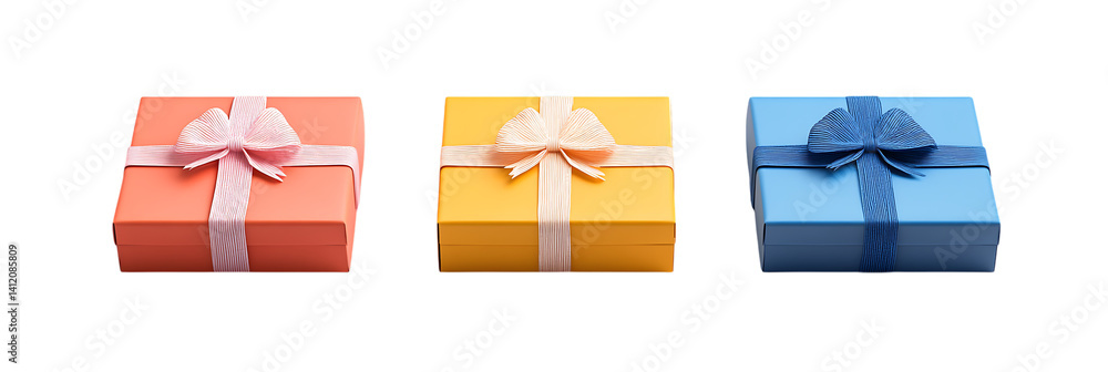 Poster three colorful gift boxes with bows isolated on trasparent background