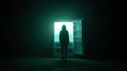 Obraz premium A figure stands before an open refrigerator, its bright light contrasting with the dark surroundings. The scene captures a quiet moment late at night that evokes curiosity and contemplation