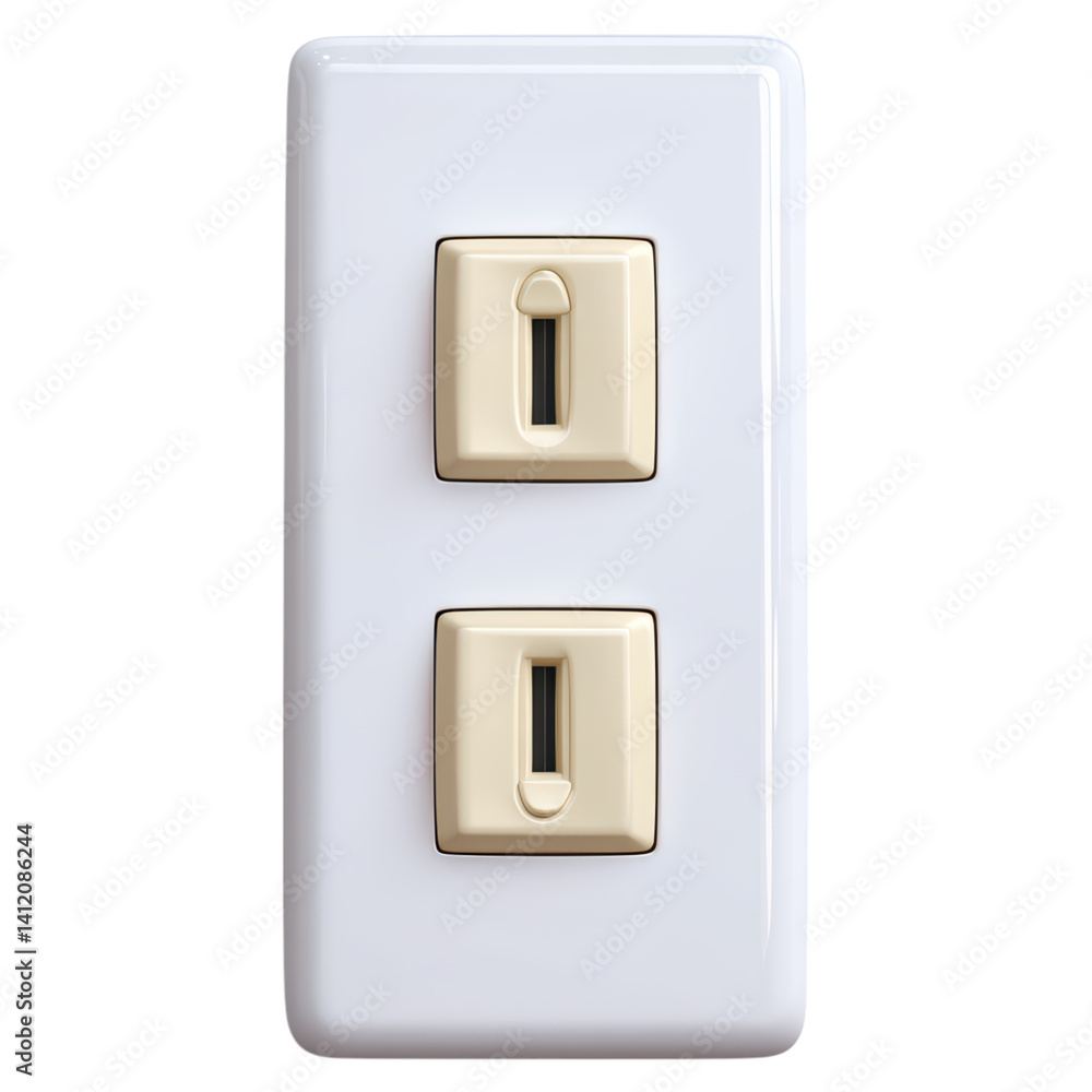 Poster white light switch on wall with two simple switches, isolated on transparent background.