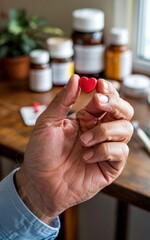 Hand holding a small red heart shaped vitamin near medicine bottles on wooden table indoors