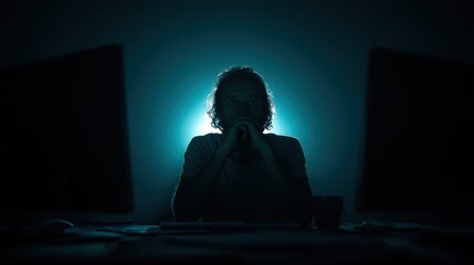 A tired man sits at his desk in a dimly lit room, contemplating while illuminated by the glow of two computer screens, creating a reflective atmosphere late at night