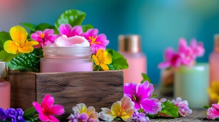 Fototapeta premium Aesthetic Arrangement of Floral Elements and Organic Cream in Natural Setting with Vibrant Colors