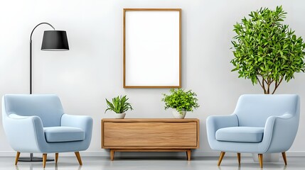 Modern Minimalist Living Room with Blue Chairs, Wooden Furniture, and Indoor Plants