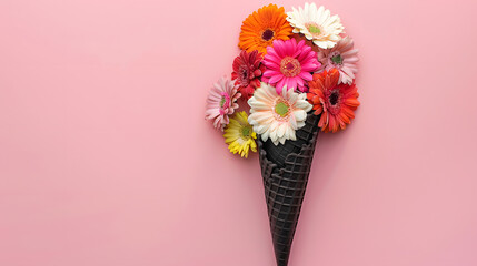 Elegant Black Ice Cream Cone with Vibrant Flowers on Pastel Background for Design Projects