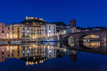 The town of Bosa on the river Temo at blue hour, Sardinia, Italy.