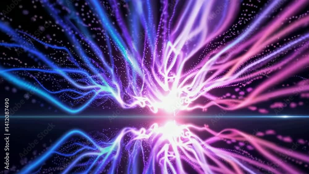 Poster vibrant neon light trails exploding across reflective surface in dynamic motion