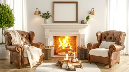 Cozy Living Room with Leather Armchairs and Crackling Fireplace Bathed in Natural Light