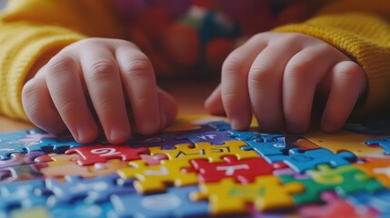 Child hands assembling colorful puzzle pieces