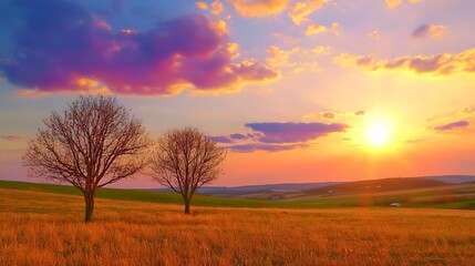 Fototapeta premium Vibrant Sunset Over Open Fields with Silhouetted Trees and Colorful Clouds in the Horizon
