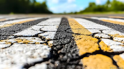 Close-Up View of Cracked Asphalt Road with Yellow and White Lines Under Bright Blue Sky