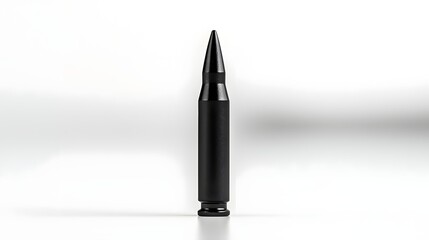 A single sharp pointed bullet coated in a sleek black matte finish placed against a clean minimalist white background creating a simple elegant and symbolic visual representation