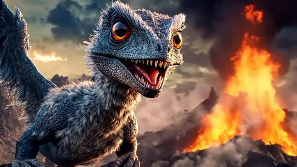 A vibrant, animated dinosaur character stands triumphantly against a volcanic backdrop - Powered by Adobe