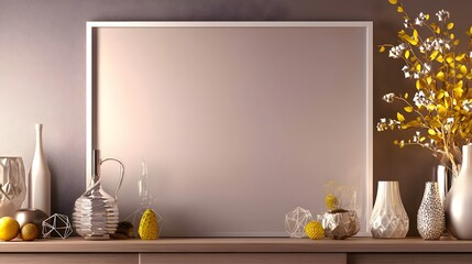 Elegant Minimalist Interior Decor with Vases and Yellow Flowers on a Shelf with a Blank Frame
