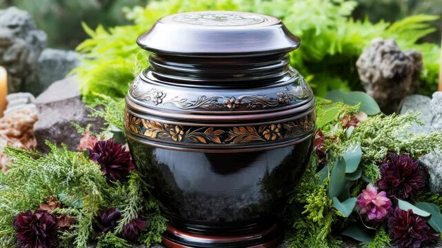 Elegant urn surrounded by flowers and greenery in a serene setting  