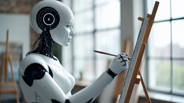 Humanoid Robot Artist Paints on Canvas in Art Studio: A Rotating Camera View of Creative AI
