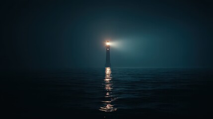 A lighthouse stands tall, flames illuminating the structure and surrounding waters. Its light pierces through the dark fog, providing a beacon for mariners navigating the treacherous coastline