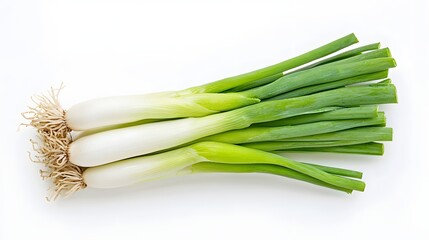 Bunch of Fresh Scallions with Crisp Green Tops and White Bulbs on a Clean White Background