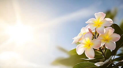 Naklejka premium Beautiful Plumeria Flowers in Sunlight Against a Clear Sky Providing a Tropical Ambience