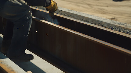 Obraz premium Construction worker welding steel beams at a building site. Precision and strength