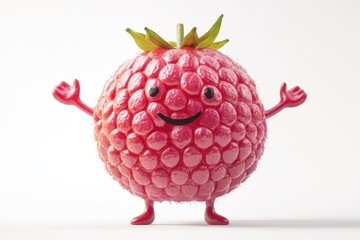 A cheerful cartoon raspberry with tiny arms and legs, standing on a white background.