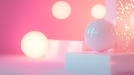 Abstract Composition of Soft Pink and White Spheres with Glowing Light Effects and Minimalist Shapes