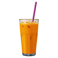 Refreshing Orange Drink with Ice and Straw in Glass, isolated on transparent background.