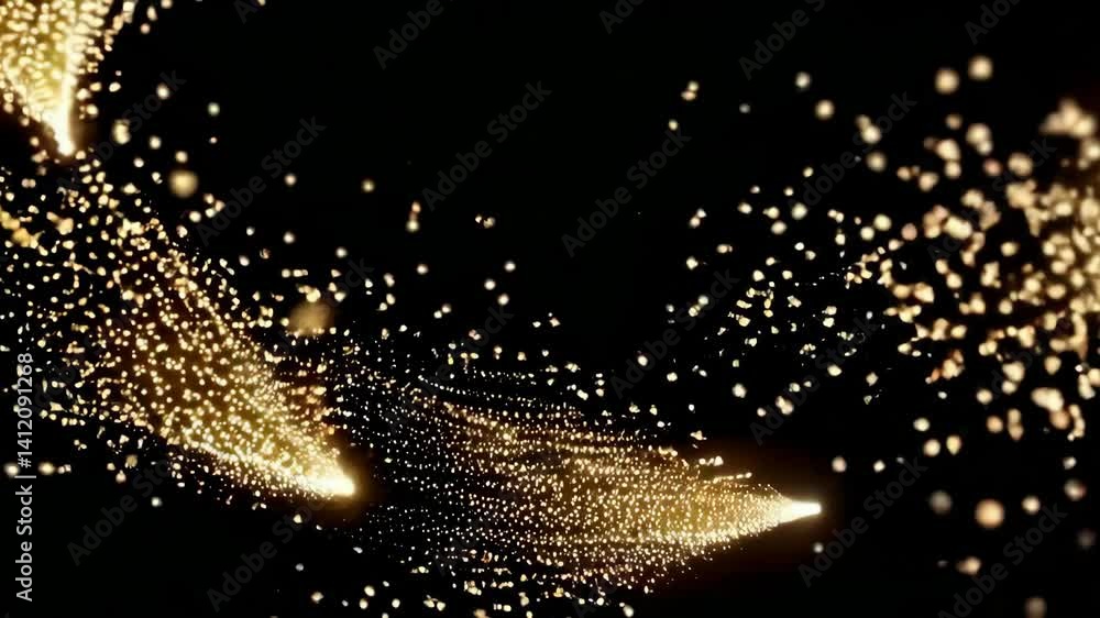 Poster sparkling particle burst transforming into golden stream in cosmic darkness