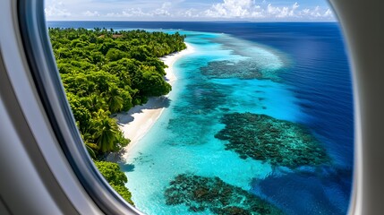 Aerial View of Tropical Island with Turquoise Waters and Coral Reefs Beneath Sky and Clouds