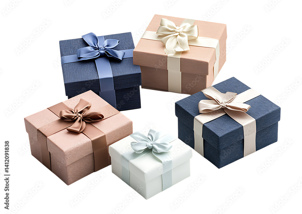 Poster five gift boxes with ribbons and bows arranged on a trasparent background