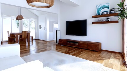 Fototapeta premium Bright and Spacious Modern Living Room with Wood Flooring and Elegant Furniture Accents