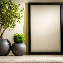 Fototapeta premium Contemporary Minimalist Interior Featuring Green Plants and Empty Frame Against Textured Wall