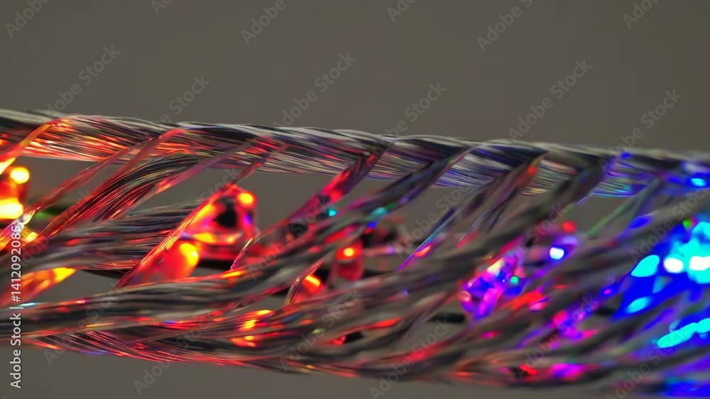 Poster colorful led lights twisting through metallic wire in dynamic motion sequence