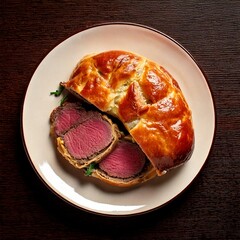 Delicious freshly baked beef wellington with sprig of rosemary 