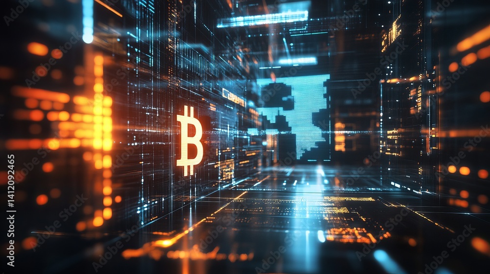 Aufkleber abstract bitcoin cryptocurrency digital currency network technology background code data blue neon