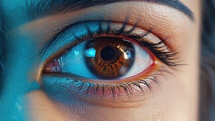 Closest eye view of a woman's iris and pupil, with an artistic digital blend effect.