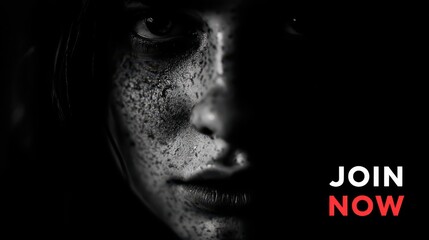 A close-up of a face shrouded in shadows, showcasing textured skin and a piercing gaze. The atmosphere conveys mystery and depth, inviting viewers to join and explore further