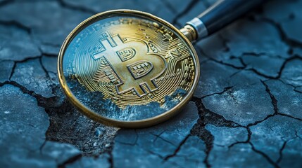 Magnifying glass reveals bitcoin on cracked earth surface detailed image gold dark blue risk money