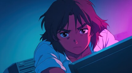 A young man sits at his desk in an office after hours, illuminated by the glow of a computer screen. His focused expression conveys determination as he tackles his work amidst a moody atmosphere