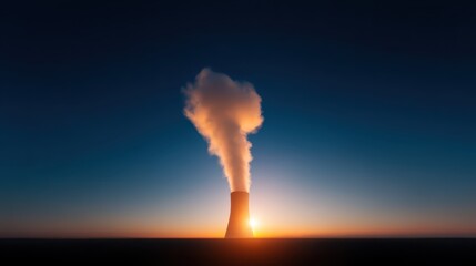 Steam billows from a nuclear cooling tower as the sun sets over the Susquehanna Valley, casting warm hues across the sky and signaling the end of the day in a tranquil landscape