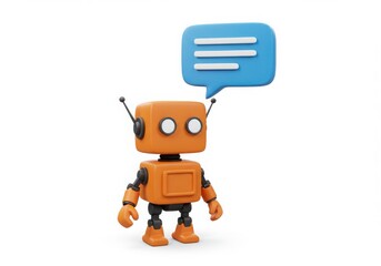 Fototapeta premium Orange robot with speech bubble on white background
