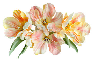 Fototapeta premium Cluster of colorful tulip flowers in shades of pink, yellow, and white on trasparent background
