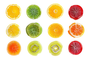 Obraz premium Colorful fruit jellies arranged in a vibrant pattern on a white background showcasing summer fun isolated on transparent background
