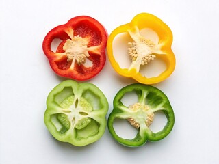 Colorful bell peppers halves red yellow green fresh vegetables healthy food ingredients isolated on white background.