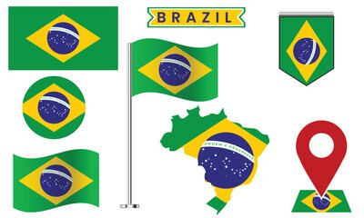 Brazil Flag Icon Set, Vector Map, Badge, Pin & Waving Flag Collection