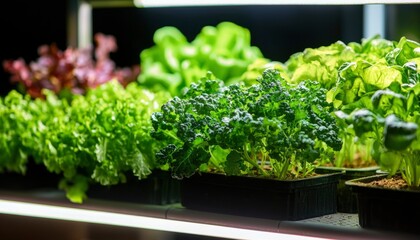 Lush greens thrive in indoor farm, bathed in artificial light, creating sustainable future