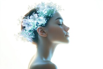 Serene woman with glowing white flowers adorning her head, eyes closed in peaceful contemplation.